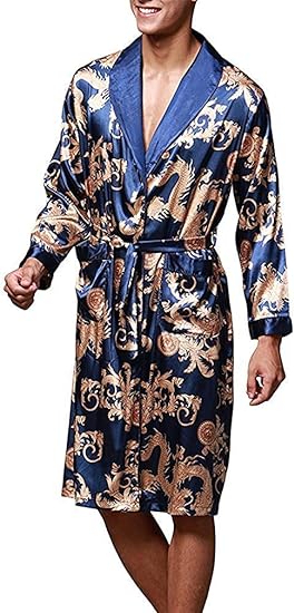 VERNASSA Mens Satin Robe Silk Long Sleeve Kimono Bathrobe Sleepwear Loungewear