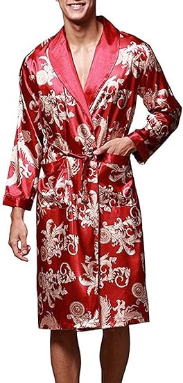 VERNASSA Mens Satin Robe Silk Long Sleeve Kimono Bathrobe Sleepwear Loungewear