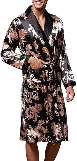 VERNASSA Mens Satin Robe Silk Long Sleeve Kimono Bathrobe Sleepwear Loungewear