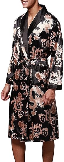 VERNASSA Mens Satin Robe Silk Long Sleeve Kimono Bathrobe Sleepwear Loungewear